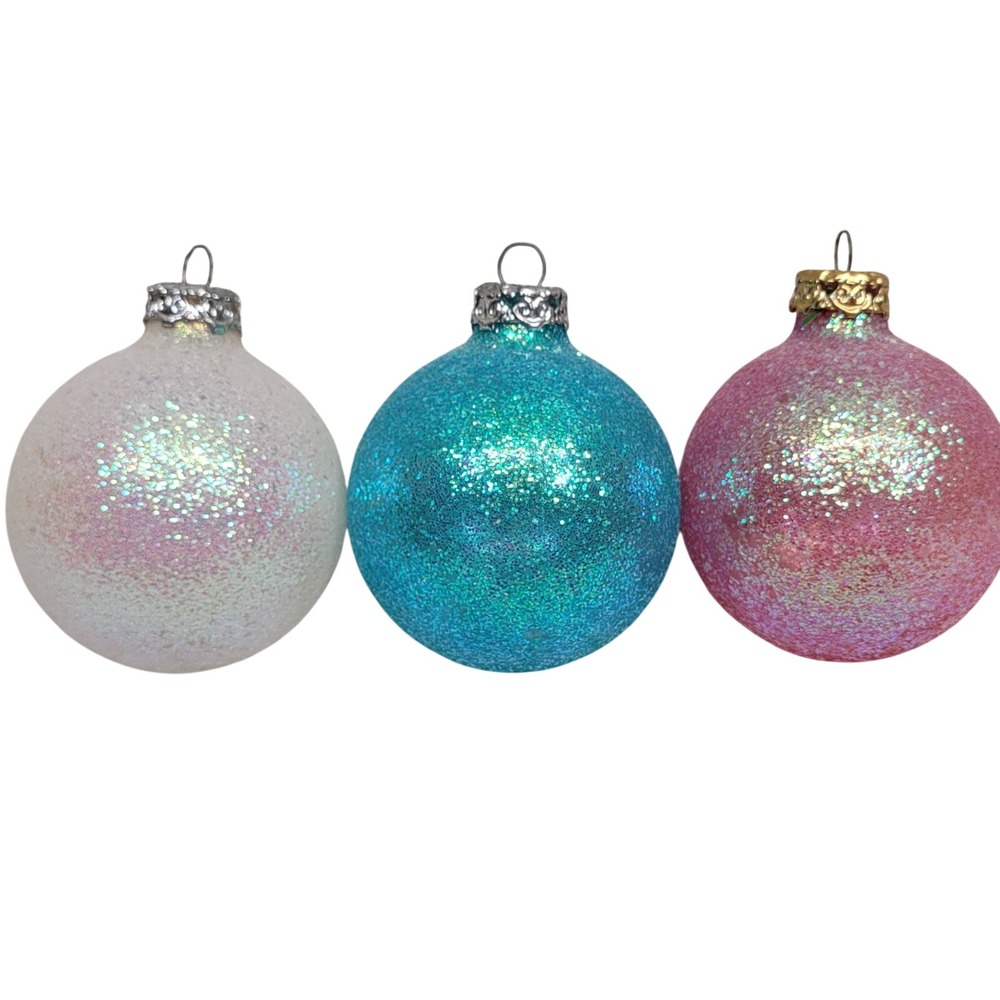 3 Germany Glitter Christmas Tree Ornaments Pink Blue White Holiday Decor Vtg‎